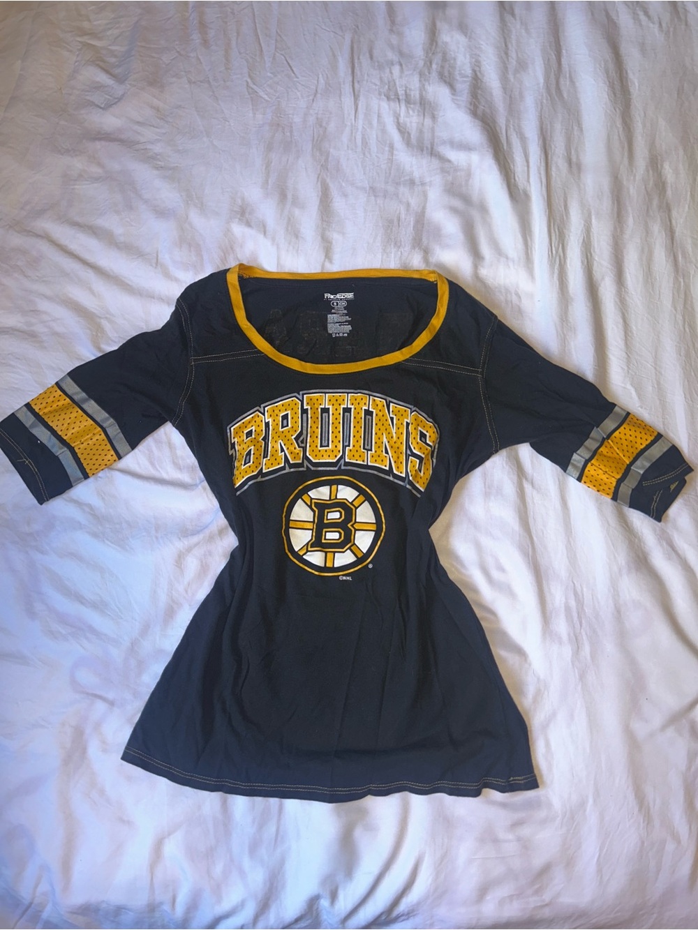 Official Boston Bruins Chara Womenโs Black & Yellow Scoop Neck Tee